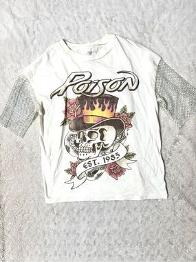 POISON Skull with Roses with mesh rhinestone sleeves graphic band tee shirt